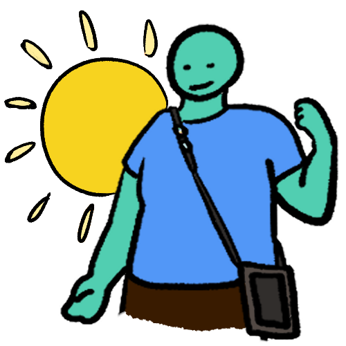 a smiling, fat green figure wearing a blue shirt, dark brown pants or skirt and an AAC device.they are in front of a shining sun, and have one arm raised beside their shoulder, the hand curled up.